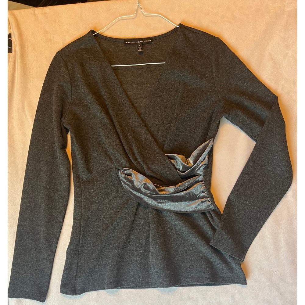White House Black Market‎ Gray Velvet Trim Surplice V-Neck Long Sleeve Top Small